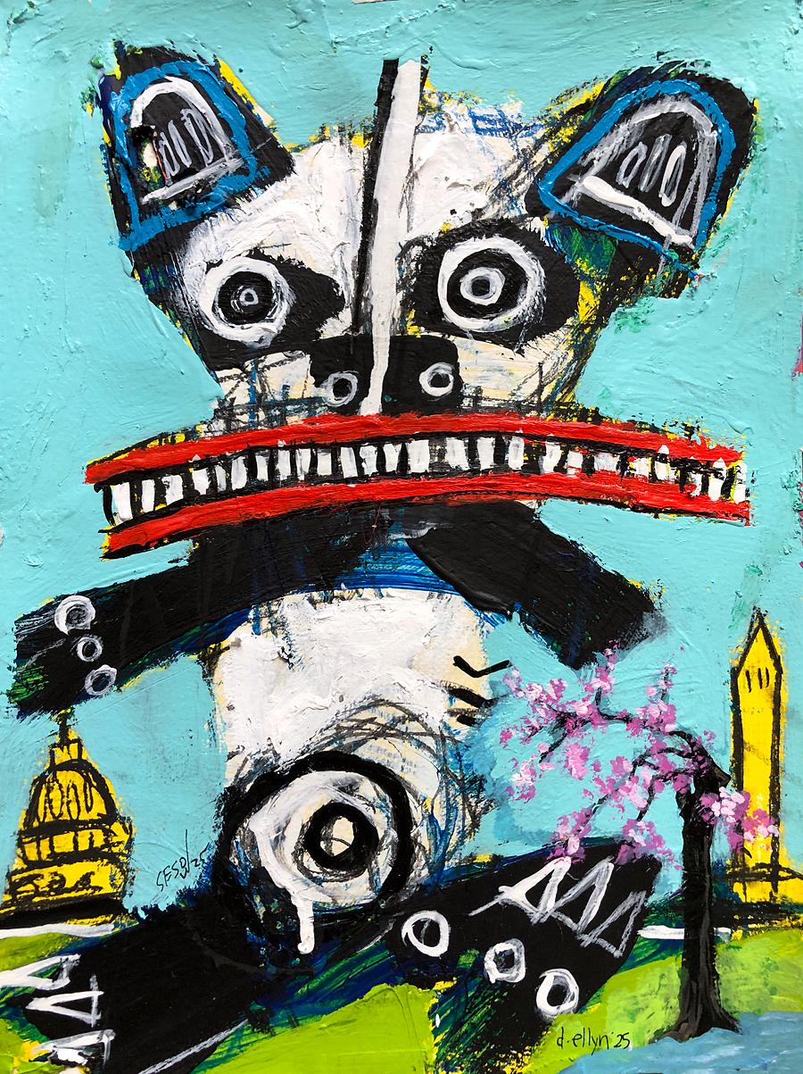 Expressively painted panda with Stumpy the famous Cherry Blossom tree and Washington Monument